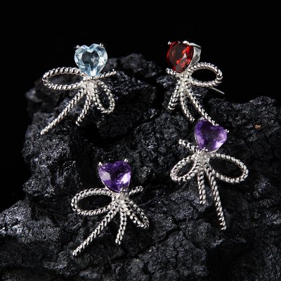 S925 Sterling Silver Natural Amethyst Garne and Topaz Gemstone Stud Earrings